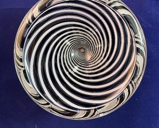 Lot 5085. $210.00  3 pcLot of Paul Harrie Art Glass in Black and White Swirl Design.  Vase with pedestal base is 12" H  x 4" Round base.  The Small Bowl  is 2.5" H  x 4" Round w/ octagonal faceted sides, and  the Paperweight is 2.5" H x 2" W.  Absolutely stunning pairing.  