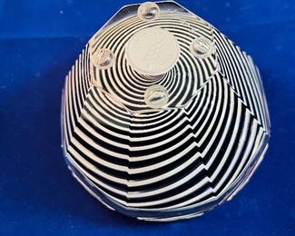 Lot 5085. $210.00  3 pcLot of Paul Harrie Art Glass in Black and White Swirl Design.  Vase with pedestal base is 12" H  x 4" Round base.  The Small Bowl  is 2.5" H  x 4" Round w/ octagonal faceted sides, and  the Paperweight is 2.5" H x 2" W.  Absolutely stunning pairing.  