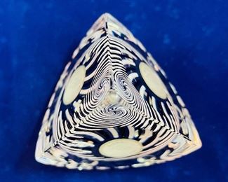 Lot 5085. $210.00  3 pcLot of Paul Harrie Art Glass in Black and White Swirl Design.  Vase with pedestal base is 12" H  x 4" Round base.  The Small Bowl  is 2.5" H  x 4" Round w/ octagonal faceted sides, and  the Paperweight is 2.5" H x 2" W.  Absolutely stunning pairing.  