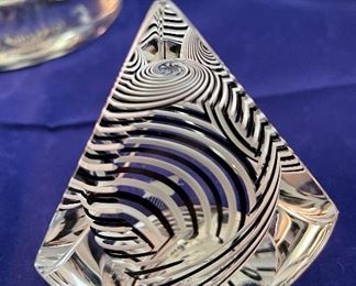 Lot 5085. $210.00  3 pcLot of Paul Harrie Art Glass in Black and White Swirl Design.  Vase with pedestal base is 12" H  x 4" Round base.  The Small Bowl  is 2.5" H  x 4" Round w/ octagonal faceted sides, and  the Paperweight is 2.5" H x 2" W.  Absolutely stunning pairing.  