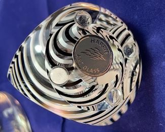 Lot 5085. $210.00  3 pcLot of Paul Harrie Art Glass in Black and White Swirl Design.  Vase with pedestal base is 12" H  x 4" Round base.  The Small Bowl  is 2.5" H  x 4" Round w/ octagonal faceted sides, and  the Paperweight is 2.5" H x 2" W.  Absolutely stunning pairing.  