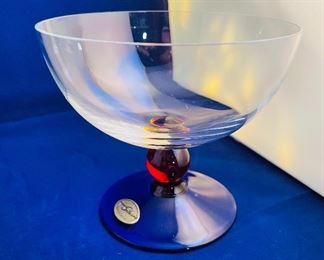 Lot 5086. $48.00  2 Pieces of vintage mod Kaspar Selesia Art Glass, this grouping includes a clear covered bowl on cobalt base with ruby stem (7" H x 5" W) & Kaspar Selesia Art Glass covered cobalt bowl w/clear glass cover and ruby knob (4.5"H x 3"W). Made in Germany.