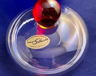 Lot 5086. $48.00  2 Pieces of vintage mod Kaspar Selesia Art Glass, this grouping includes a clear covered bowl on cobalt base with ruby stem (7" H x 5" W) & Kaspar Selesia Art Glass covered cobalt bowl w/clear glass cover and ruby knob (4.5"H x 3"W). Made in Germany.