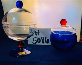 Lot 5086. $48.00  2 Pieces of vintage mod Kaspar Selesia Art Glass, this grouping includes a clear covered bowl on cobalt base with ruby stem (7" H x 5" W) & Kaspar Selesia Art Glass covered cobalt bowl w/clear glass cover and ruby knob (4.5"H x 3"W). Made in Germany.