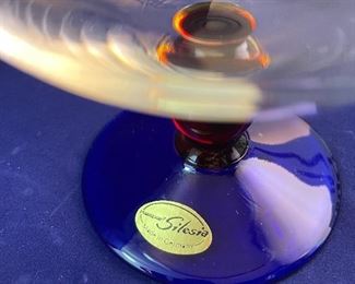 Lot 5086. $48.00  2 Pieces of vintage mod Kaspar Selesia Art Glass, this grouping includes a clear covered bowl on cobalt base with ruby stem (7" H x 5" W) & Kaspar Selesia Art Glass covered cobalt bowl w/clear glass cover and ruby knob (4.5"H x 3"W). Made in Germany.