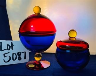 Lot 5087. $48.00   2 pieces of Vintage Mod Kaspar Selesia Art Glass Includes:  Covered Pedestal Bowl, Cobalt bowl with ruby glass cover and base knob is citrine color (7" H x 5" Diameter) and the Small Covered Cobalt Bowl .w/ Ruby Red Lid and Citrine Ball Handle 4.5" H  x 3"diameter.   We have 2 pairs of these available.