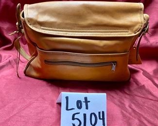 Lot 5104. $50.00 Vintage Hartmann Belting LeatherTravel Tote w/Shoulder Strap. Zipper Compartments Messenger Style Flap.	Nylon Khaki Lining. 15"W x 6"D x 9"H.