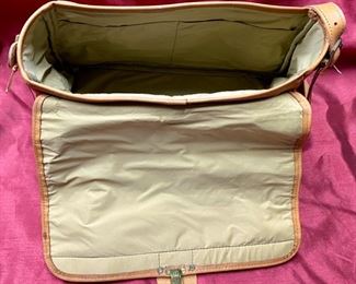 Lot 5104. $50.00 Vintage Hartmann Belting LeatherTravel Tote w/Shoulder Strap. Zipper Compartments Messenger Style Flap.	Nylon Khaki Lining. 15"W x 6"D x 9"H.