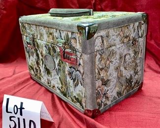 Lot 5110.$75.00  Rare Vintage Pegasus Tapestry Luggage " The Countryside Collection Train Case. Imported. Woven Tapestry. Gray border. 