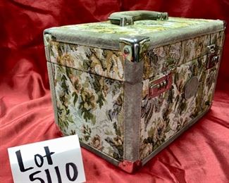 Lot 5110. $75.00  Rare Vintage Pegasus Tapestry Luggage " The Countryside Collection Train Case. Imported. Woven Tapestry. Gray border. 