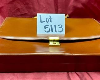 Lot 5113. $125.00  Like New Vera Pelle Leather Briefcase and Lock Anticato Tobacco Color. 4 compartments 1 zipper pocket. Made in Italy. 15.5" W x 12" H x 2.5" D