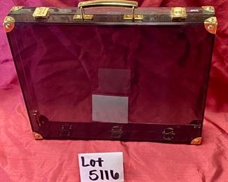 Lot 5116. $75.00  Cool dapy- made in France. Black Clear Acrylic Briefcase, Labeled: Berlex Imaging tm.  This is an advertising-marketing product.  Slight chip on top by latch (see photos)  17" W x 13.5" H  x 3" D.  Dapy is a Manufacturer of Luxury Packaging using acrylics. 
