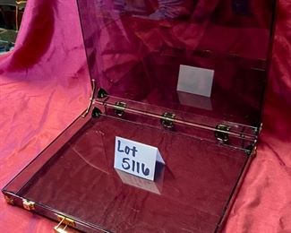 Lot 5116. $75.00 dapy- made in France. Black Clear Acrylic Briefcase, Labeled: Berlex Imaging tm.  This is an advertising-marketing product.  Slight chip on top by latch (see photos) 17" W x 13.5" H  x 3" D.  Dapy is a Manufacturer of Luxury Packaging using acrylics. 