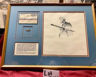 Lot 5119. $295.00  Rare Presentation of Charles Lindbergh framed drawing pencil signed by the artist and numbered  plus original mail from his Air Mail flights between Chicago and St. Louis from 1928.  and a pin of the Spirit of St. Louis. frame: 30" W x 23" H.  Very unique combination of pieces in this framed presentation.  Aviation Collectible. Scroll down to Lot 5119 for additional photos.