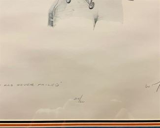 Lot 5119. $295.00  Charles Lindbergh framed drawing pencil signed by the artist and numbered,  plus original mail from his Air Mail flights between Chicago and St. Louis from 1928.  and a pin of the Spirit of St. Louis. frame: 30"x 23"h.  Very unique combination of pieces in this framed presentation.  Aviation Collectible.