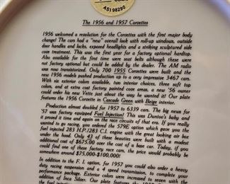 Lot 5121. $25.00. 1991 Hugo Prado Silver Salute Poster of a 1966 Corvette "427" Turbo-Jet (in plastic, but there seems to be a little water damage in the upper left corner, once framed and matted this wouldn't be noticeable) and a commemorative plate of a 1956 & 1957 Corvette from World Wide Line (Style: 694) its a sample. Plate Stand Not included.  25" W  x 19" H print. Plate: 10" Diameter 