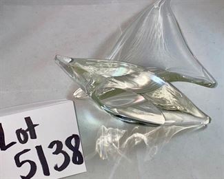 Lot 5138.   $34.00.   Wowsa!  Crystal Sailboat. Unsigned. Beautiful!  It's approximately 9-12". high but don't quote us!  