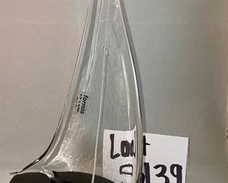 Lot 5139. $75.00  Murano Vetro Glass Sailboat. by Formia Vetri Di Murano, Made in Italy.  Black base, clear sail w/white line 13" H x 9" L x 4" D