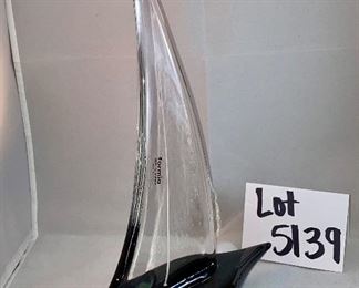 Lot 5139. $75.00  Murano Vetro Glass Sailboat. by Formia Vetri Di Murano, Made in Italy.  Black base, clear sail w/white line 13" H x 9" L x 4" D
