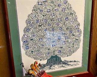 Lot 5141. $75.00. History of Golf Framed Art. Hand Signed C. Burton 1988. Signed and Numbered,  #944/1000. AND Novelty MINIATURE Golf clubs and Cart w/steel shafts Including 4 woods, Irons, Sand wedge and putter and a bag on wheels. Balls too.  Scotch Whisky or Old Andrews label on the bag.  Nice addition to your man cave!