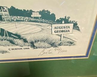 Lot 5141. $75.00. History of Golf Framed Art. Hand Signed C. Burton 1988. Signed and Numbered,  #944/1000. AND Novelty MINIATURE Golf clubs and Cart w/steel shafts Including 4 woods, Irons, Sand wedge and putter and a bag on wheels. Balls too.  Scotch Whisky or Old Andrews label on the bag.  Nice addition to your man cave!