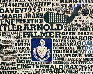 Lot 5141. $75.00. History of Golf Framed Art. Hand Signed C. Burton 1988. Signed and Numbered,  #944/1000. AND Novelty MINIATURE Golf clubs and Cart w/steel shafts Including 4 woods, Irons, Sand wedge and putter and a bag on wheels. Balls too.  Scotch Whisky or Old Andrews label on the bag.  Nice addition to your man cave!