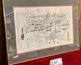 Lot 5142.$100.00.  Vintage Framed Art by George Becker Washington, DC Montage, Hand Signed 1985.  30" W  x 21" H