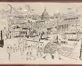 Lot 5142.$100.00.  Vintage Framed Art by George Becker Washington, DC Montage, Hand Signed 1985.  30" W  x 21" H