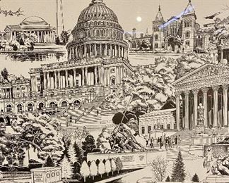 Lot 5142.$100.00.  Vintage Framed Art by George Becker Washington, DC Montage, Hand Signed 1985.  30" W  x 21" H