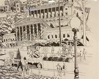 Lot 5142.$100.00.  Vintage Framed Art by George Becker Washington, DC Montage, Hand Signed 1985.  30" W  x 21" H