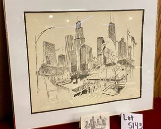Lot 5143. $95.00. George Becker framed Chicago Landmarks with matching card. Hand Signed in Pencil ,1978.  28.5" W  x  24" H