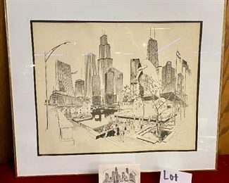 Lot 5143. $95.00. George Becker FRAMED Chicago Landmarks with matching card. Hand Signed, 1978.  28.5" W  x  24" H