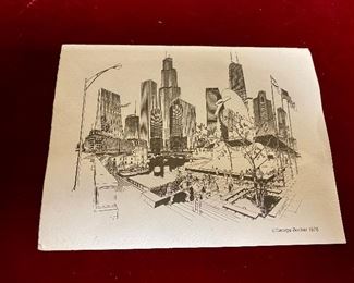 Lot 5143. $95.00. George Becker FRAMED Chicago Landmarks with matching card. Hand Signed, 1978.  28.5" W  x  24" H