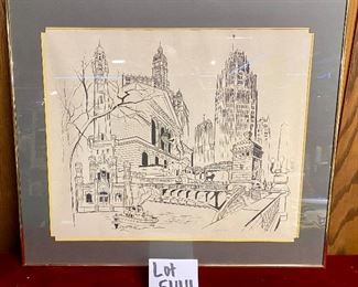 Lot 5144. $95.00  George Becker Chicago Landmarks (Water Tower, Art Institure, Tribune Tower, Bridges and more). Framed Art (needs to be straightened in frame).  23" W x  27" H