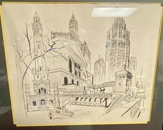 Lot 5144. $95.00  George Becker Chicago Landmarks (Water Tower, Art Institure, Tribune Tower, Bridges and more). Framed Art (needs to be straightened in frame).  23" W x  27" H