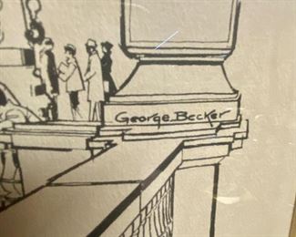 Lot 5144. $95.00  George Becker Chicago Landmarks (Water Tower, Art Institure, Tribune Tower, Bridges and more). Framed Art (needs to be straightened in frame).  23" W x  27" H