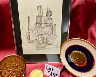 Lot 5145. $80.00. Very Cool Chicago Lot. T. Chamness Landmark Ink Art (18.5" H  x 14.25" W  has a plexiglass front, probably needs a piece of glass in there). A Wooden Medallion of Chicago Landmarks by Kurt Mager (6.25"dia).  A City of Chicago Crest clock with a hinge to reveal a clock (3"). The Medallion Plate by Pickard w/metal art by Kurt Mager (same art as the wooden medallion. 