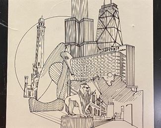 Lot 5145. $80.00. Very Cool Chicago Lot. T. Chamness Landmark Ink Art (18.5" H  x 14.25" W  has a plexiglass front, probably needs a piece of glass in there). A Wooden Medallion of Chicago Landmarks by Kurt Mager (6.25" diameter ).  A City of Chicago Crest clock with a hinge to reveal a clock (3"). The Medallion Plate by Pickard w/metal art by Kurt Mager (same art as the wooden medallion. 