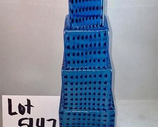 Lot 5147. $275.00 VERY Fine Kosta Boda Metropolis Art Glass Vase designed by Bertil Vallien for Kosta Boda #40026. Blue and Black. With original box. Really cool, looks like a skyscraper. Same one recently sold online for $369.00.  Excellent shape. 12" H x 3.25" W at the base. 	