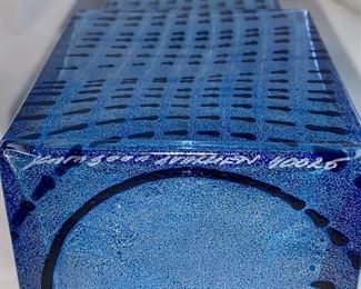 Lot 5147. $275.00 VERY Fine Kosta Boda Metropolis Art Glass Vase designed by Bertil Vallien for Kosta Boda #40026. Blue and Black. With original box. Really cool, looks like a skyscraper. Same one recently sold online for $369.00.  Excellent shape. 12" H x 3.25" W at the base. 	