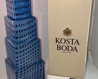 Lot 5147. $275.00 VERY Fine Kosta Boda Metropolis Art Glass Vase designed by Bertil Vallien for Kosta Boda #40026. Blue and Black. With original box. Really cool, looks like a skyscraper. Same one recently sold online for $369.00.  Excellent shape. 12" H x 3.25" W at the base. Scroll down to Lot 5147  for additional photos.