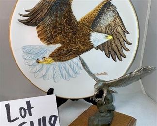 Lot 5148. $30.00  Eagle Package. Pewter Bald Eagle on Wood Base (5.5"h x 4" sq base), Limited Edition 11" bald eagle plate by W.D. Galther 1995 (in relief).  The Pewter Eagle sells for $39.99 alone...