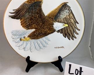 Lot 5148. $30.00  Eagle Package. Pewter Bald Eagle on Wood Base (5.5"h x 4" sq base), Limited Edition 11" bald eagle plate by W.D. Galther 1995 (in relief).  The Pewter Eagle sells for $39.99 alone...