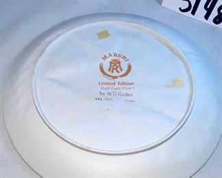 Lot 5148. $30.00  Eagle Package. Pewter Bald Eagle on Wood Base (5.5"h x 4" sq base), Limited Edition 11" bald eagle plate by W.D. Galther 1995 (in relief).  The Pewter Eagle sells for $39.99 alone...