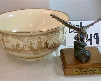 Lot 5149. $48.00. We the People Pewter Eagle on Wood Base w/placard (5.5" H x 4" W).  Lenox Commenorative Bowl "The Discovery of America" Christopher Columbus 8.5" diameter  x 4" H