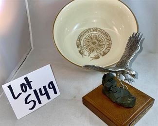 Lot 5149. $48.00. We the People Pewter Eagle on Wood Base w/placard (5.5" H x 4" W).  Lenox Commenorative Bowl "The Discovery of America" Christopher Columbus 8.5" diameter  x 4" H