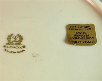 Lot 5150. $40.00 Awesome Lenox Package 1. Lenox Cake Plate (11.75" diameter) with a few signs of use (including plate stand), Lenox Masterpiece Flower Bowl Hand Decorated in 24k Gold (6" diameter x 3.5" H), Lenox Flower Vase 6.5" H x 4.25" W. and a Sheffield Pearlized handle stainless cake knife