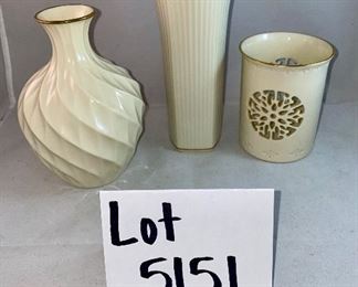 Lot 5151. $30.00 Lenox Package 2. Lenox Meridian Bud Vase (7" H  x  3.5" W), Lenox Bud Vase (6" H x 4.5" W), Lenox Pencil Cup w/reticulated snowflakes (4" H x 3" Diam.)