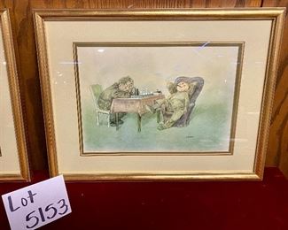 Lot 5153.  $295 for both. A Chess-Themed Litho by Dutch Artist Gustav Robert Hogfeldt (1894 - 1986) circa 1940, "Checkmate" and another chess-themed piece by the same artist.