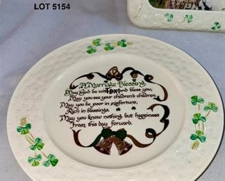 Lot 5154. $46.00. Belleek Ireland Trio. Includes: Small Shamrock Plate (7.25"dia), a sweet Marriage Blessings  Plate (8.5"),  and a Shamrock Picture Frame with a wood backing and 5x7" opening. 